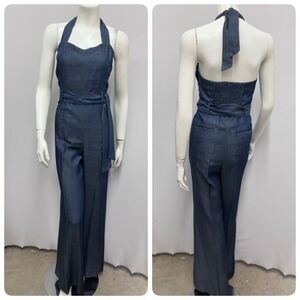 Anthropologie Elevenses Denim Blue Jumpsuit With Belt Halter Style Size 40 6